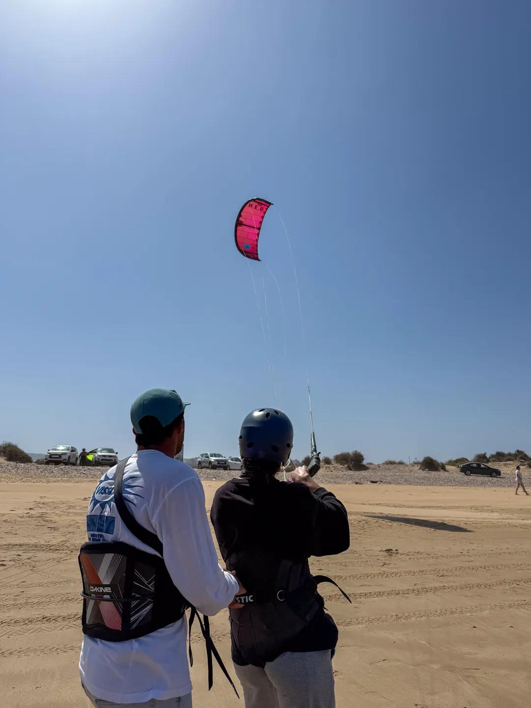 Kitesurf lesson in Essaouira — Windy Essaouira instructor teaching kite control to a student