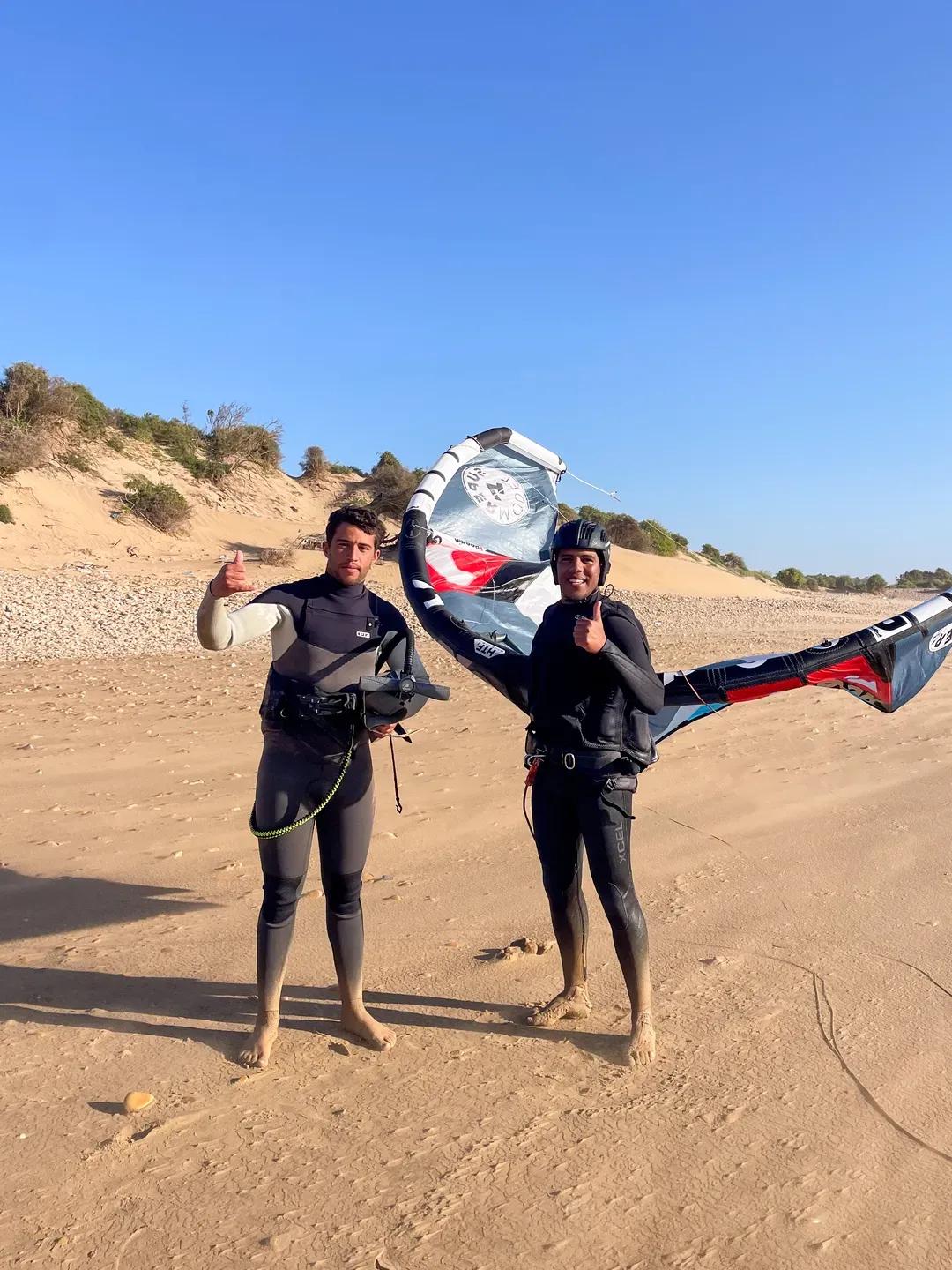 Kitesurf session in Essaouira — student and Windy Essaouira instructor on Diabat beach